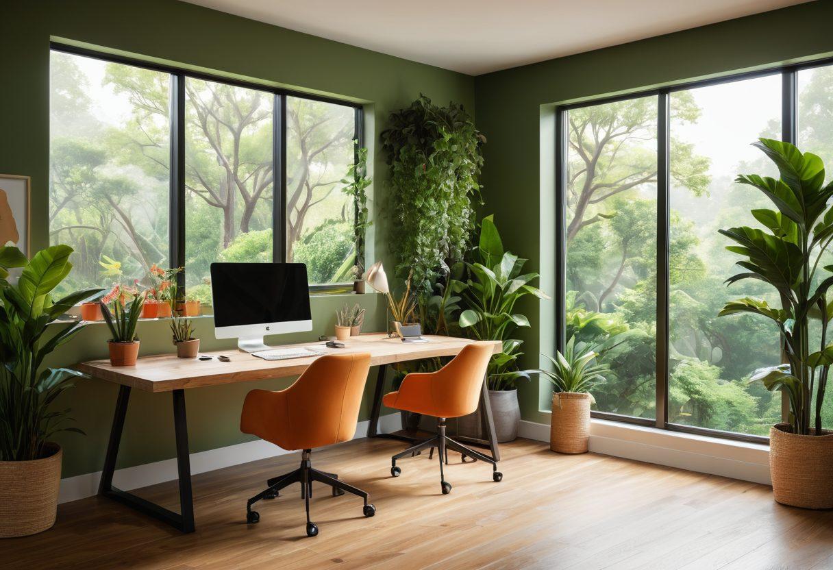 A dynamic workspace featuring a sleek desktop setup with colorful user-friendly launcher tools displayed on the screen, illustrating efficiency and organization. Include an inspiring quote about productivity visibly placed on the wall. Surround the space with greenery for a refreshing touch and natural light streaming in from a window. The scene should evoke a sense of motivation and clarity. super-realistic. vibrant colors. modern design.