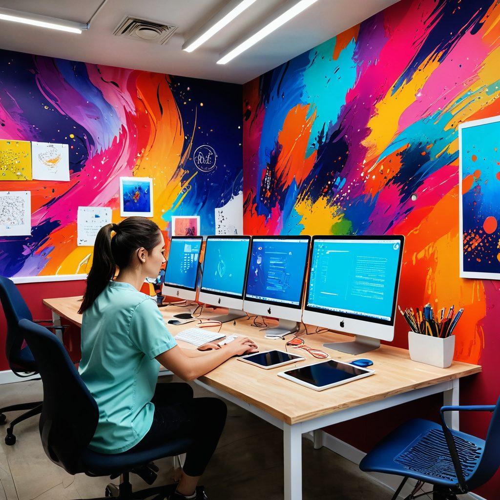 A vibrant workspace filled with colorful application launchers on screens, surrounded by creative tools like sketchpads, paintbrushes, and digital art devices. A person is joyfully interacting with swirling digital elements, symbolizing creativity and flow. The background features abstract designs and inspiring quotes about creativity. super-realistic. vibrant colors. modern design.