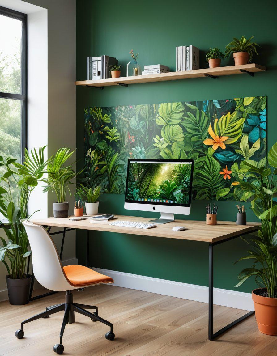 A sleek and modern workspace featuring multiple customizable application launchers on a computer screen, showcasing vibrant icons and smooth interfaces. Include elements like a stylish desk, lush green plants, and a laptop with an interactive display highlighting various themes and designs. The background should have bright, inspiring colors to evoke creativity and productivity. super-realistic. vibrant colors. modern design.